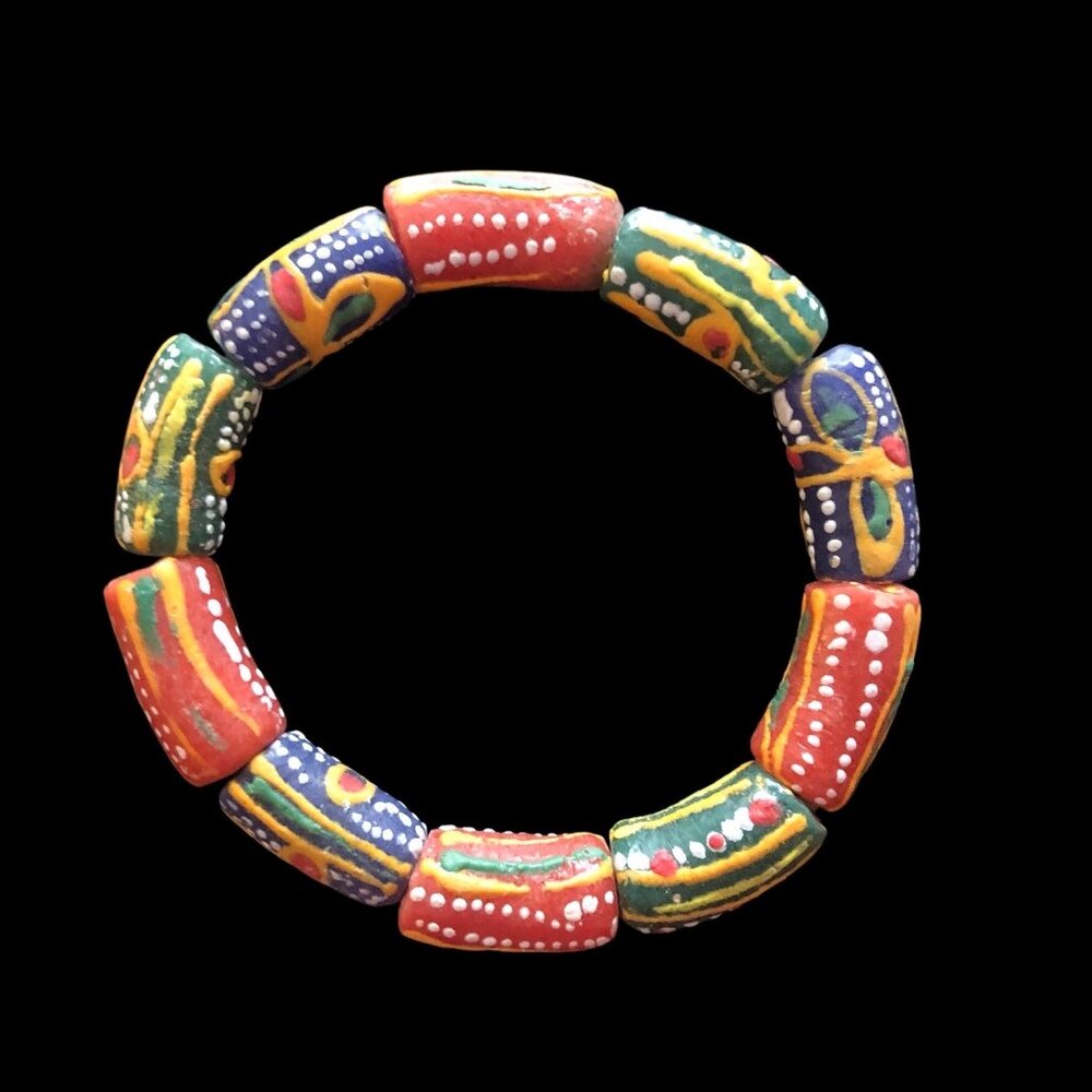 African Glass Trade Bead Bracelet Beaded Multicolored 7” Elastic Orange Green